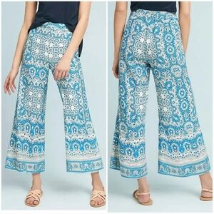 Anthropologie New Feather Bone Talese Blue Linen Palazzo Wide Leg Pants Size 6